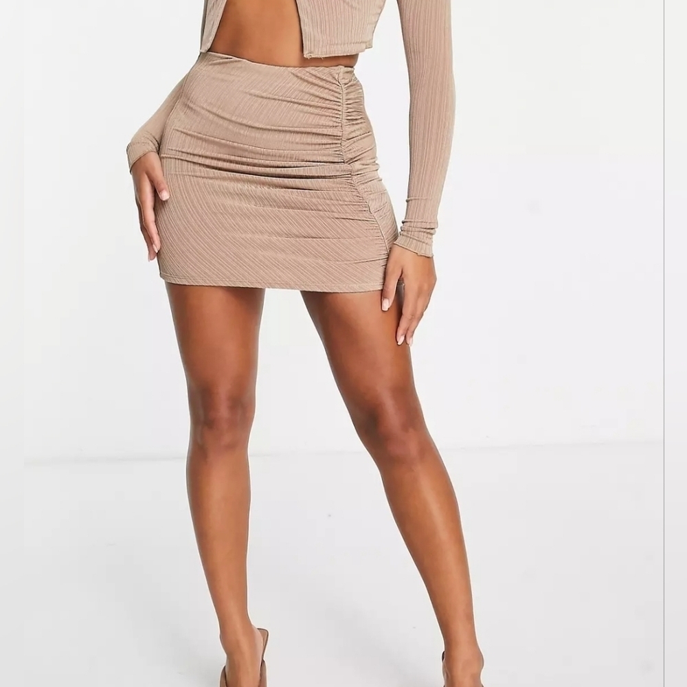 Naked Wardrobe Tan Ruched Detail Mini Skirt SZ Small